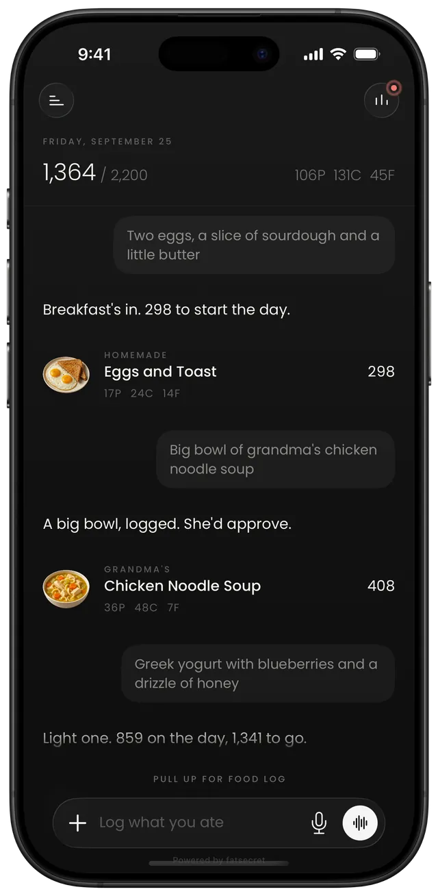 The day’s chat in Macroz: each message becomes a logged food, like Eggs and Toast at 298 calories and Chicken Noodle Soup at 408.