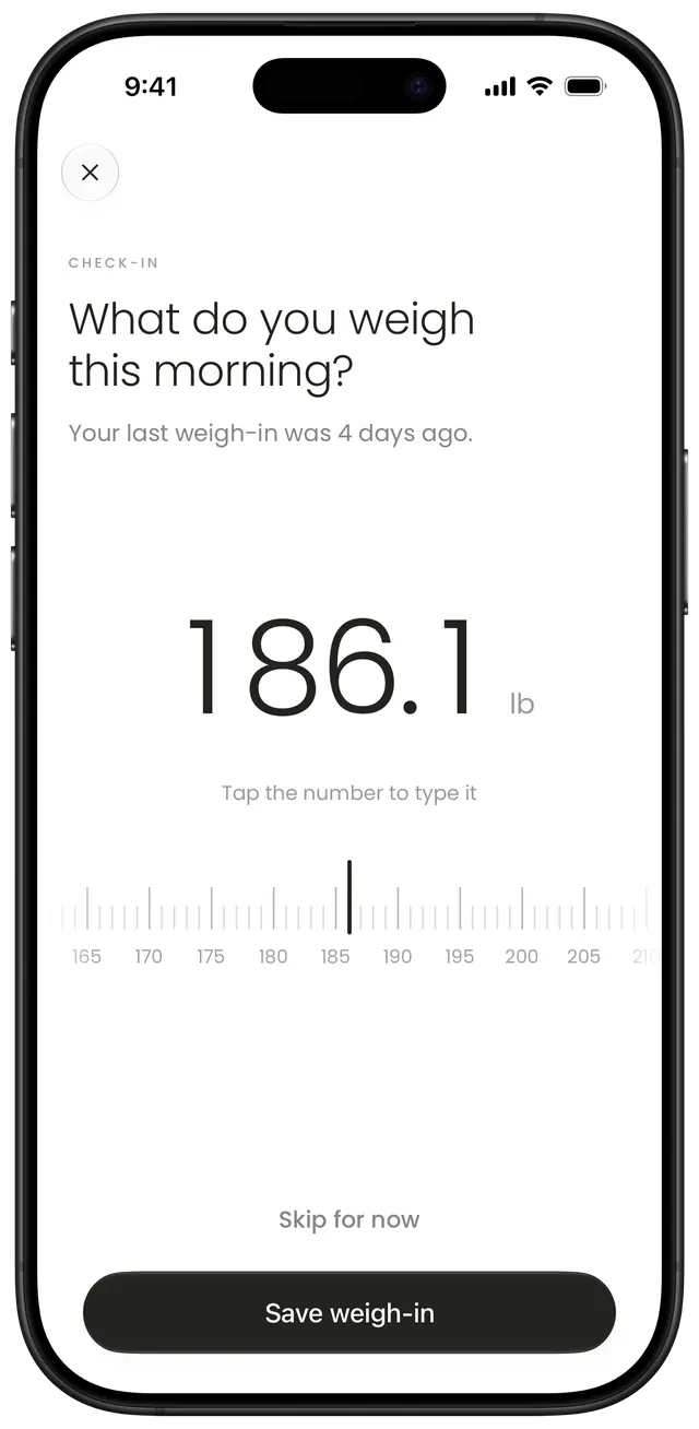 The weigh-in page: “What do you weigh this morning?” with 186.1 lb on a scrolling scale.