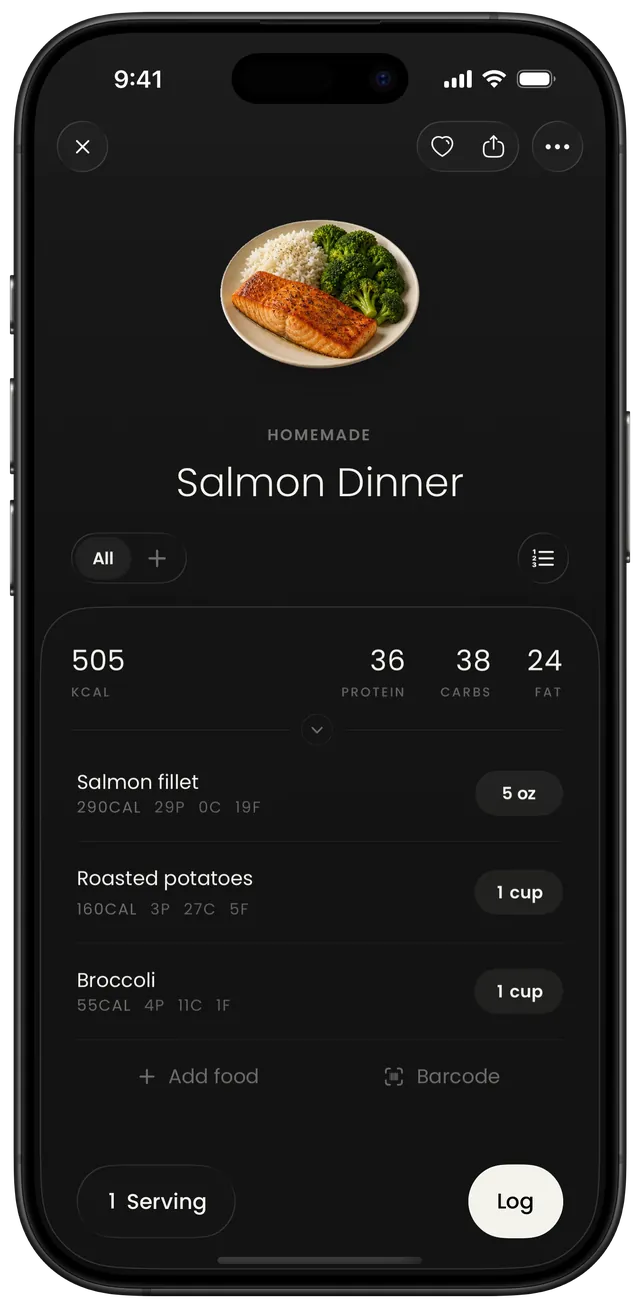 A Salmon Dinner plate in Macroz: salmon fillet 5 oz, roasted potatoes 1 cup and broccoli 1 cup, 505 calories in all.