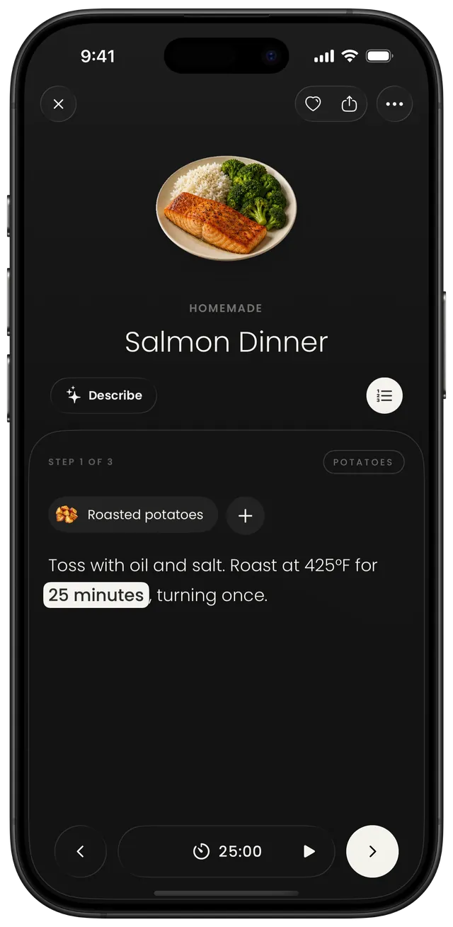 A recipe step on the Salmon Dinner: toss the potatoes with oil and salt and roast at 425°F for 25 minutes, with a 25:00 timer.