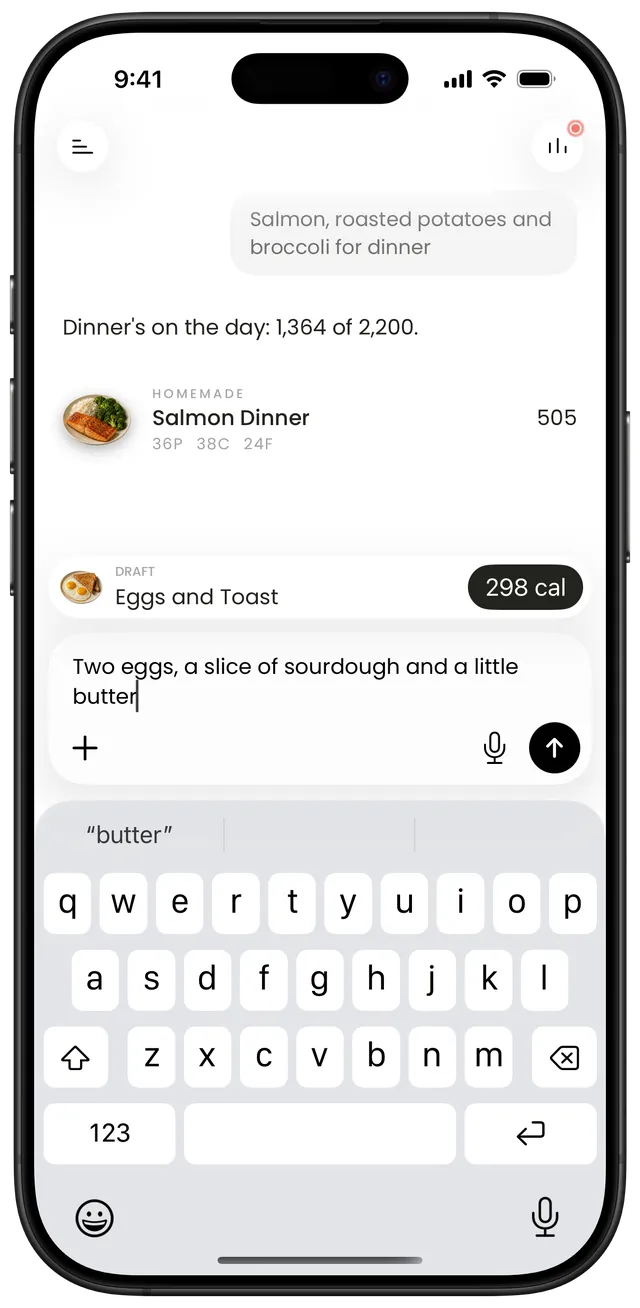 Macroz on iPhone, with “Two eggs, a slice of sourdough and a little butter” typed into the chat bar.